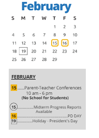 District School Academic Calendar for Wm A White Elem for February 2024