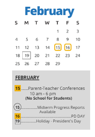 District School Academic Calendar for Central Middle for February 2024