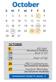 District School Academic Calendar for J. S. Chick Elementary for October 2023