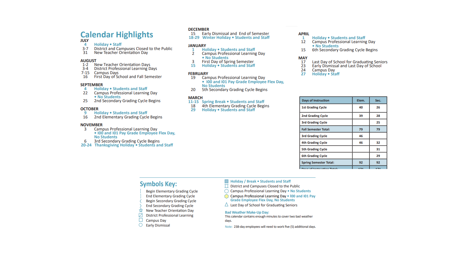 District School Academic Calendar Key for Maurice L Wolfe Elementary