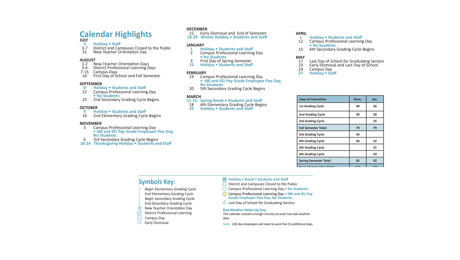 District School Academic Calendar Key for James E Williams Elementary