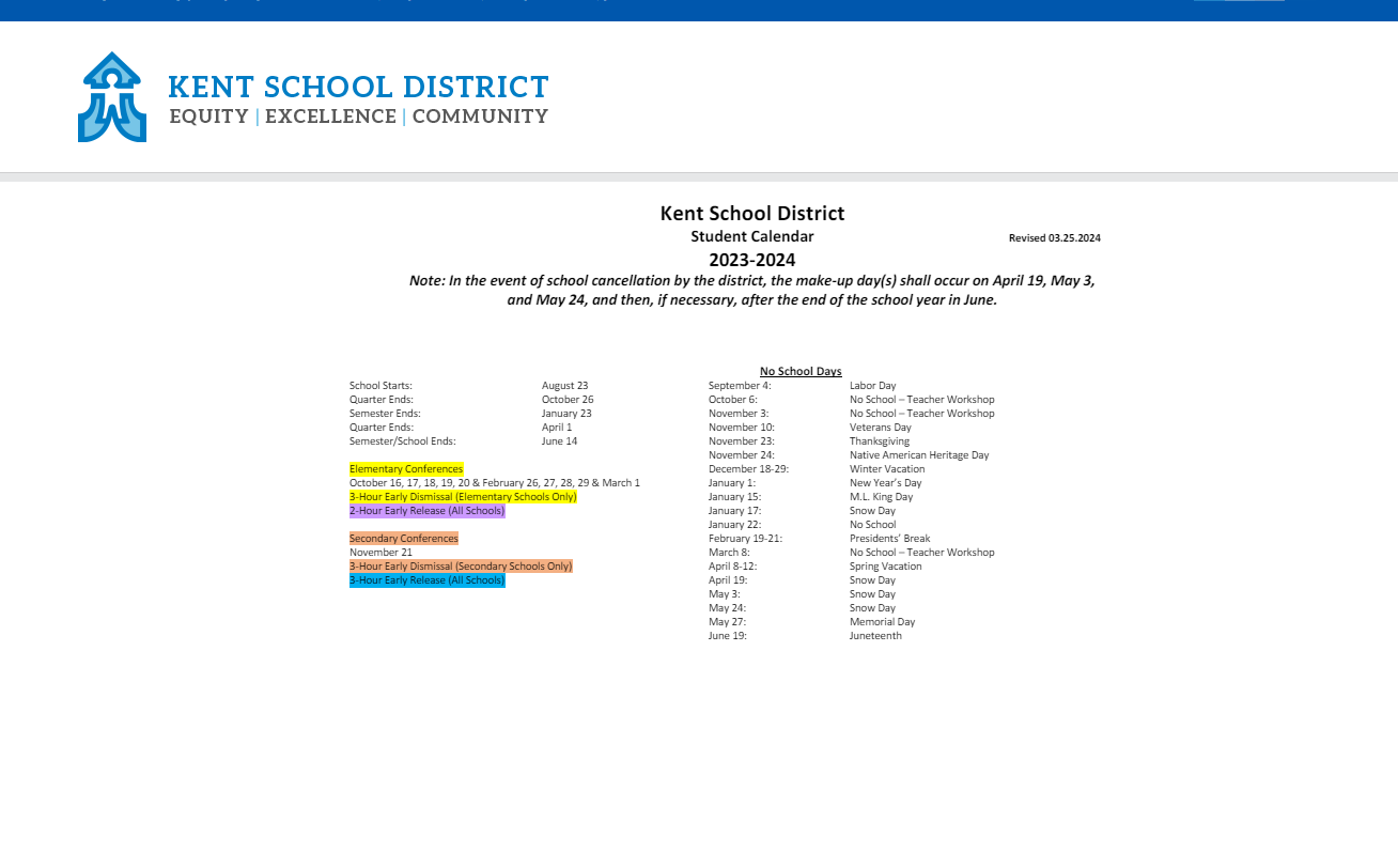 District School Academic Calendar Key for Mill Creek Middle School