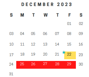 District School Academic Calendar for Pathways Learning Center for December 2023
