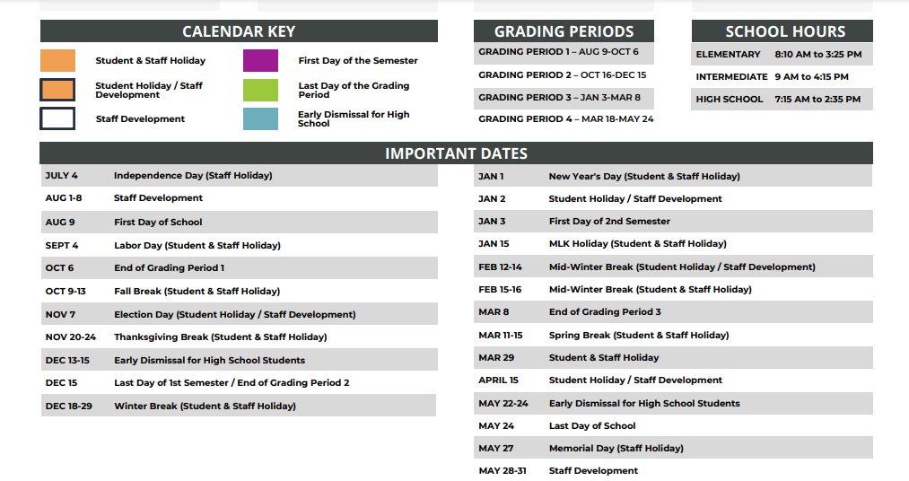 District School Academic Calendar Key for Eiland Elementary