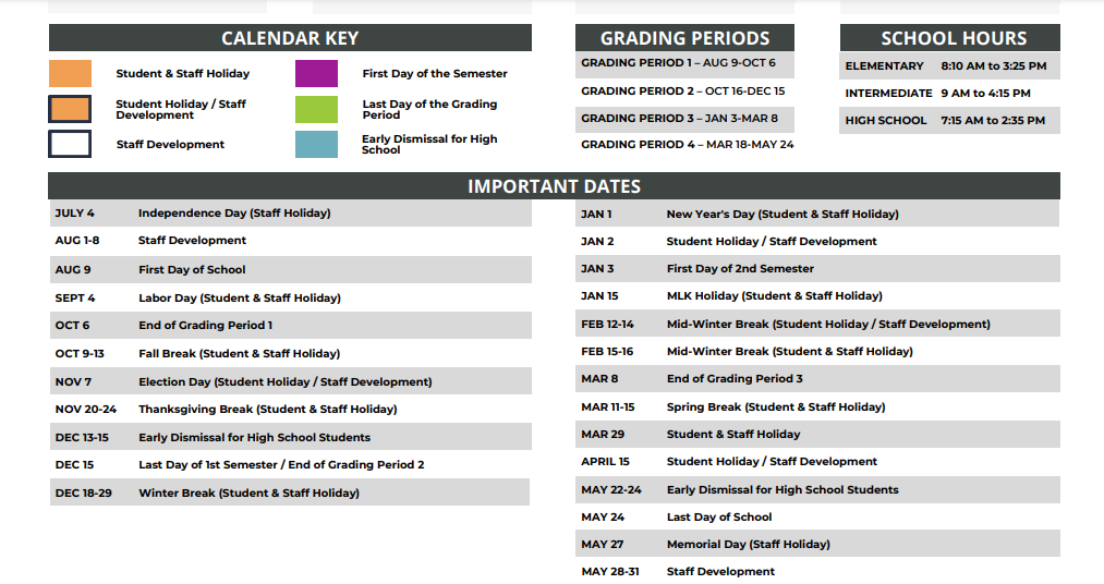 District School Academic Calendar Key for Ehrhardt Elementary