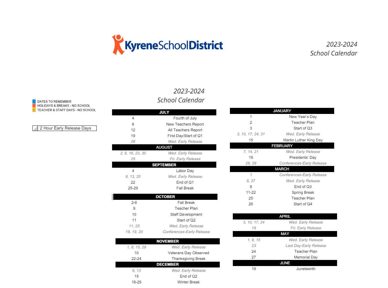 District School Academic Calendar Key for C I Waggoner School