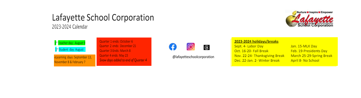 District School Academic Calendar Key for Lafayette Tecumseh Jr High Sch