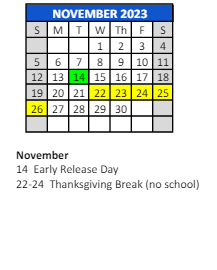 District School Academic Calendar for James H Watson Elem Sch for November 2023