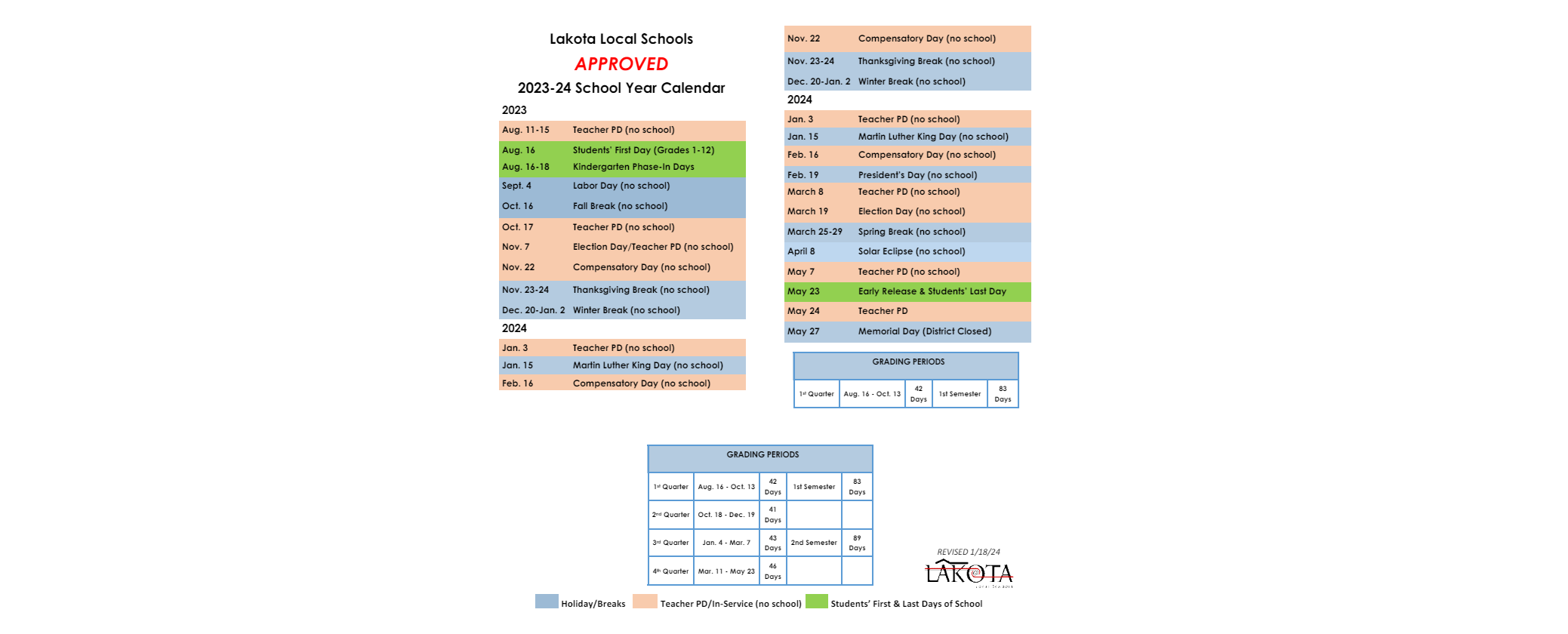 District School Academic Calendar Key for Union Elementary School