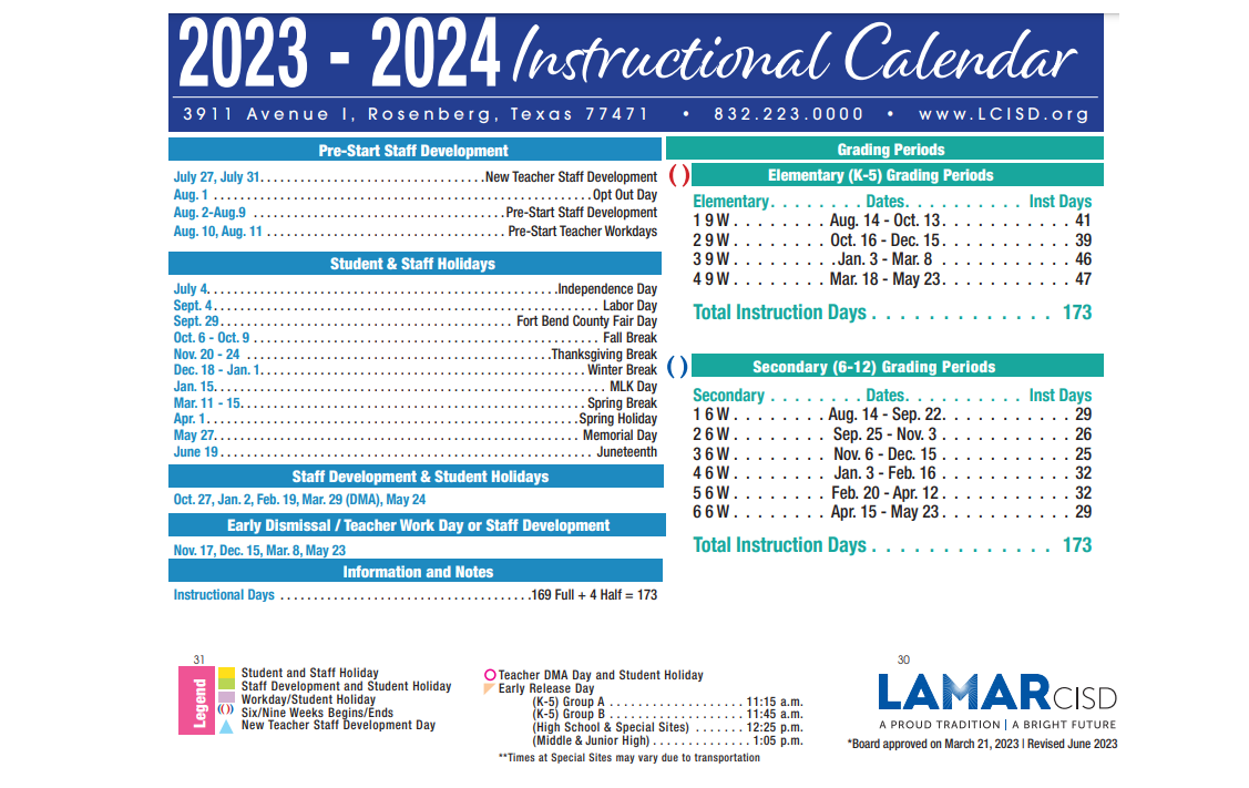 District School Academic Calendar Key for Briscoe Junior High