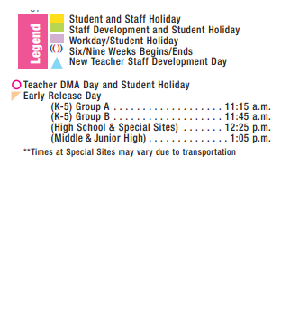 District School Academic Calendar Legend for Bowie Elementary