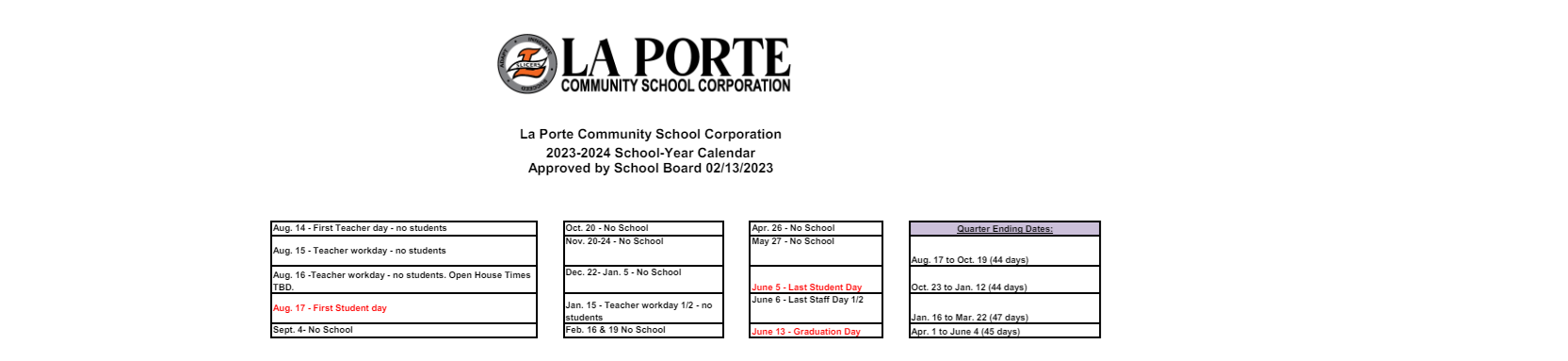 District School Academic Calendar Key for Laporte High School
