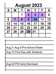 District School Academic Calendar for Co-wide Exceptional Child Programs for August 2023