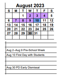 District School Academic Calendar for Bayshore Elementary School for August 2023