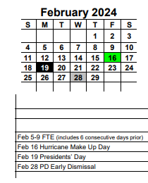District School Academic Calendar for Trafalgar Middle School for February 2024
