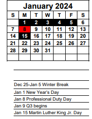 District School Academic Calendar for New Directions Center/academy High School for January 2024