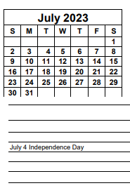 District School Academic Calendar for Sunshine Elementary School for July 2023