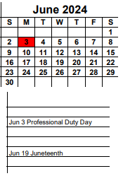 District School Academic Calendar for Bayshore Elementary School for June 2024
