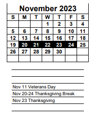 District School Academic Calendar for Southwest Florida Juvenile Det Center for November 2023