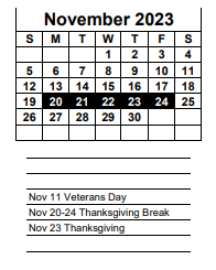 District School Academic Calendar for Paul Laurence Dunbar Middle School for November 2023