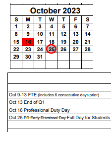District School Academic Calendar for Trafalgar Middle School for October 2023