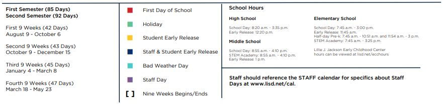 District School Academic Calendar Key for Bluebonnet Elementary