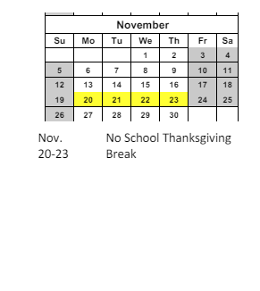 District School Academic Calendar for C O Bastian for November 2023