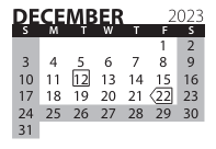 District School Academic Calendar for Transition Expulsion Program for December 2023