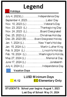 District School Academic Calendar Legend for Lawrence Elementary