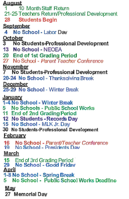 District School Academic Calendar Legend for Palm Elementary School