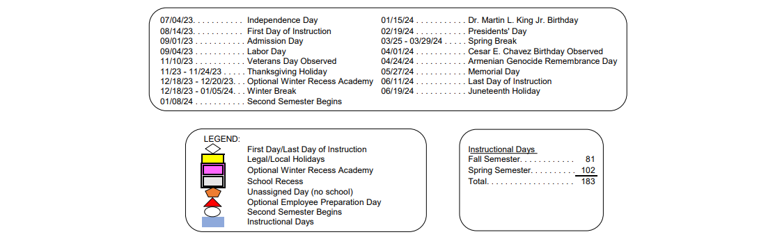 District School Academic Calendar Key for Urban Academy Charter High