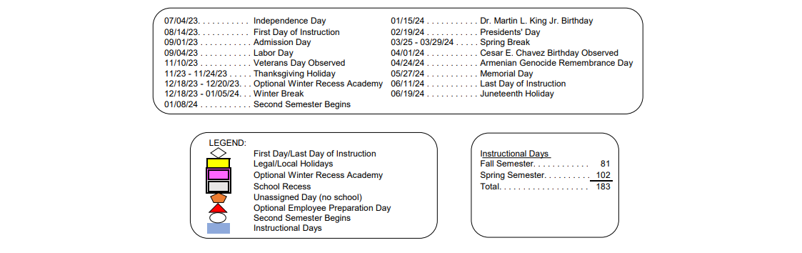 District School Academic Calendar Key for View Park Continuation