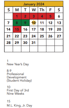 District School Academic Calendar for Wright Elementary for January 2024