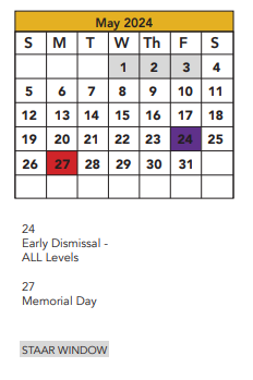 District School Academic Calendar for Stubbs Early Childhood Ctr for May 2024