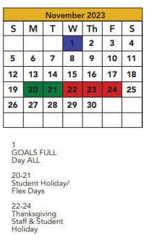District School Academic Calendar for Smylie Wilson Middle School for November 2023