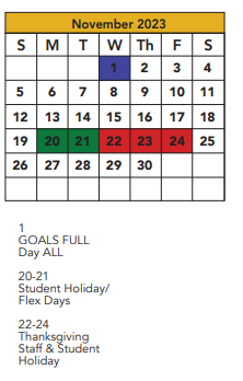 District School Academic Calendar for Whiteside Elementary for November 2023