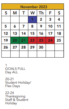 District School Academic Calendar for Parkway Elementary for November 2023