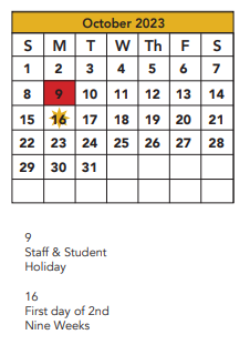 District School Academic Calendar for Project Intercept School for October 2023