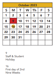 District School Academic Calendar for Wright Elementary for October 2023