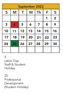 District School Academic Calendar for Honey Elementary for September 2023