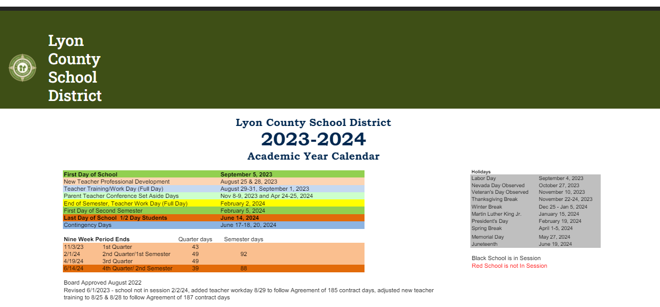 District School Academic Calendar Key for Smith Valley Elementary School