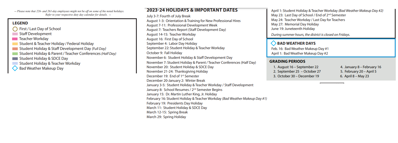 District School Academic Calendar Key for J L Boren Elementary