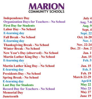 District School Academic Calendar Legend for Allen Elementary School