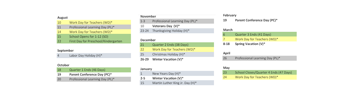 District School Academic Calendar Key for CORRESP. Study School