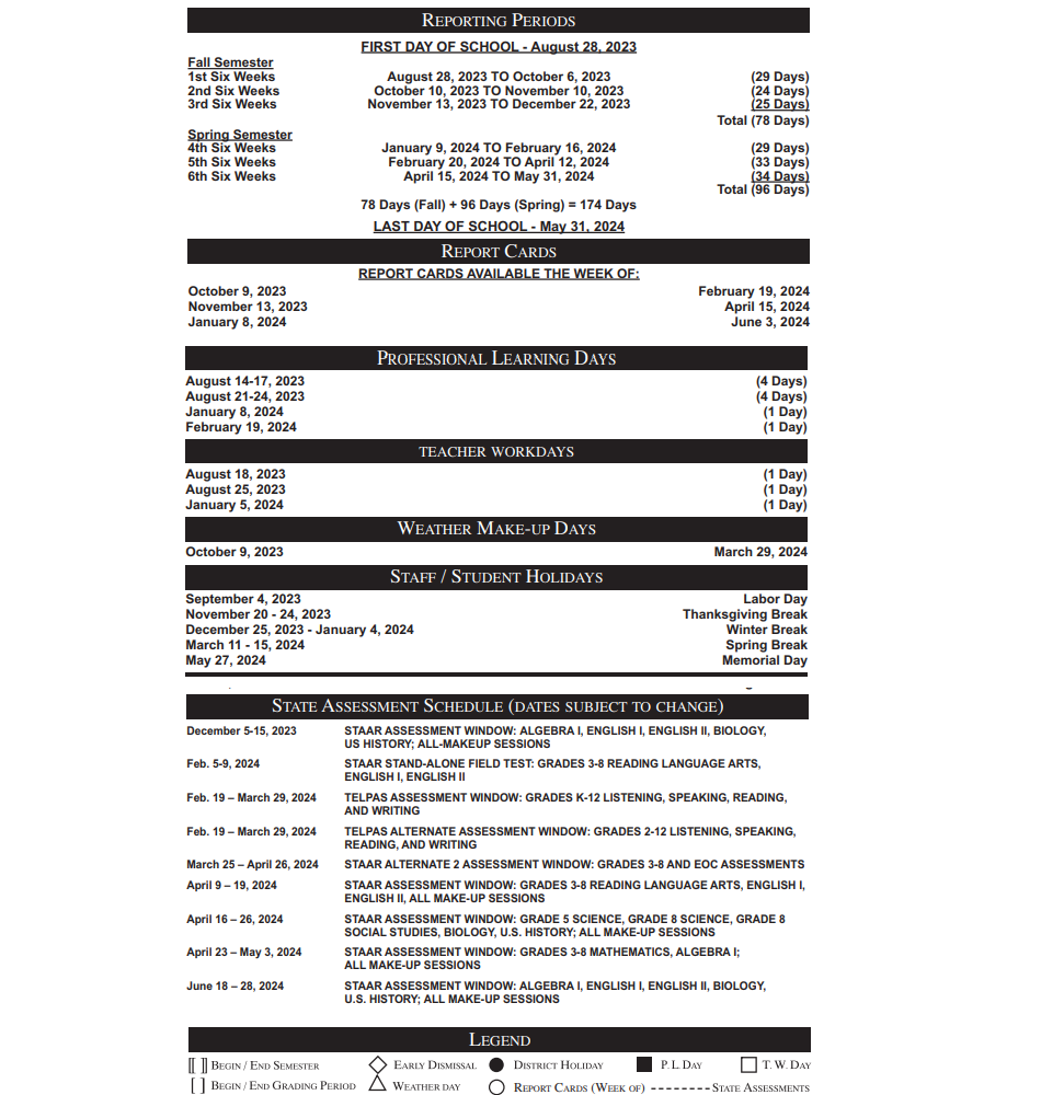 District School Academic Calendar Key for Lamar Academy