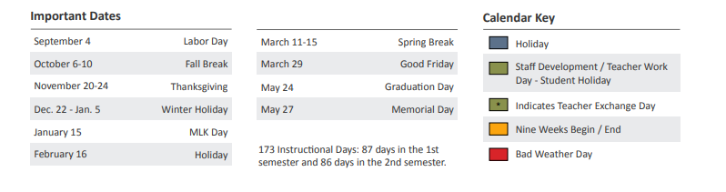 District School Academic Calendar Key for J J A E P