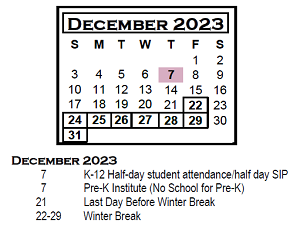 District School Academic Calendar for Chiddix Jr High School for December 2023