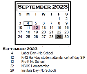District School Academic Calendar for Chiddix Jr High School for September 2023