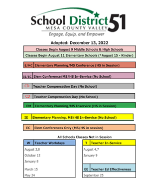 District School Academic Calendar Legend for Orchard Mesa Middle School