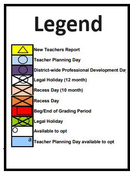 District School Academic Calendar Legend for Transitional Learning Academy